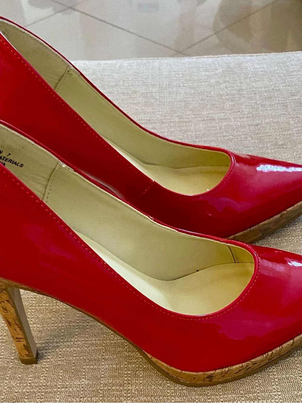 Jazzberry Corazon Red Patent Finish Pointed Toe Cork-Look Pumps